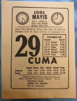 29 MAYIS 1981 CUMA GÜNÜNE AİT TAKVİM YAPRAGI